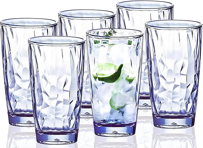 15Oz Unbreakable Tritan Drinking Glasses Shatterproof Acrylic Glasses Drinkware BPA Free Hard Plastic Cups Reusable Kitchen Water Glasses Drinking Set of 6 (Blue)