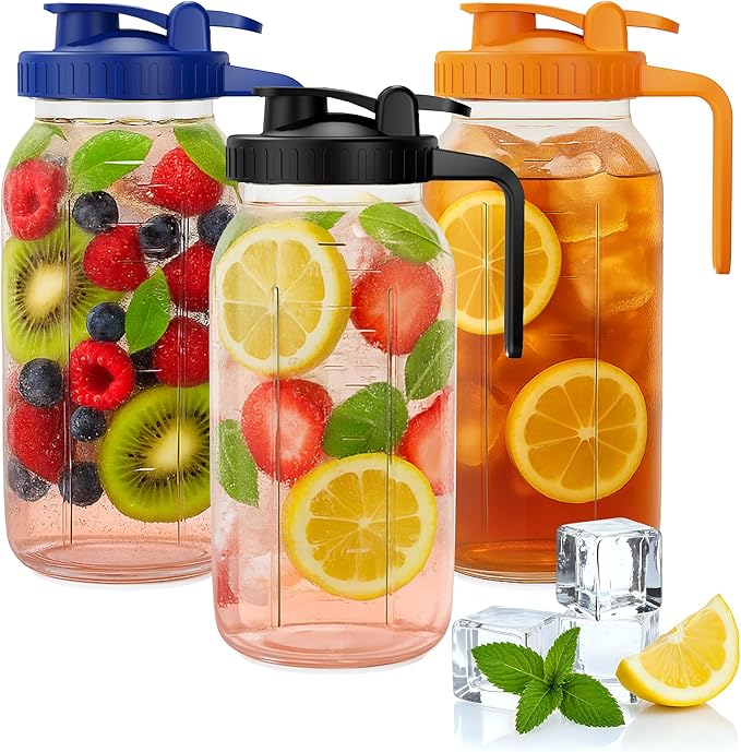 64oz Mason Jar Pitcher - Airtight & Leakproof Glass Pitchers with Handle and Lid, Perfect for Breastmilk, Cold Brew and Sun Tea for Outside,2 Quart Mason Jar with Pour Spout Lid,1/2 Gallon Water Jug