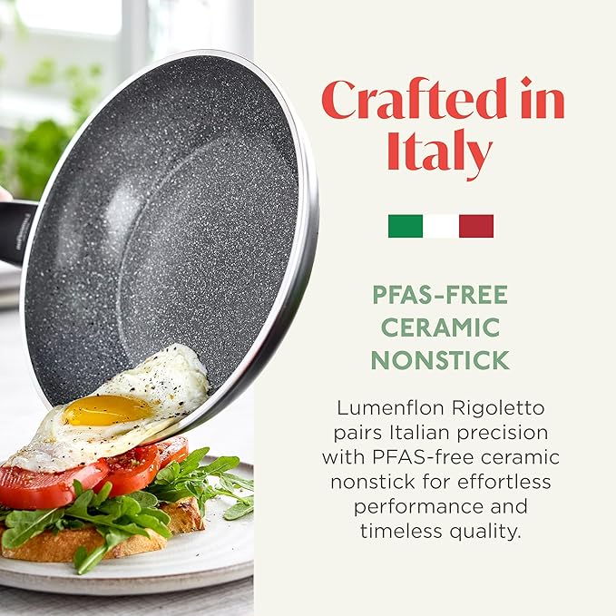 Rigoletto 8” Nonstick Frying Pan Skillet, Made in Italy, Vesuvio Layered Ceramic PFAS-Free Surface, Induction Ready, Dishwasher & Metal Utensil Safe, Granite Finish, Stay-Cool Handle, Black