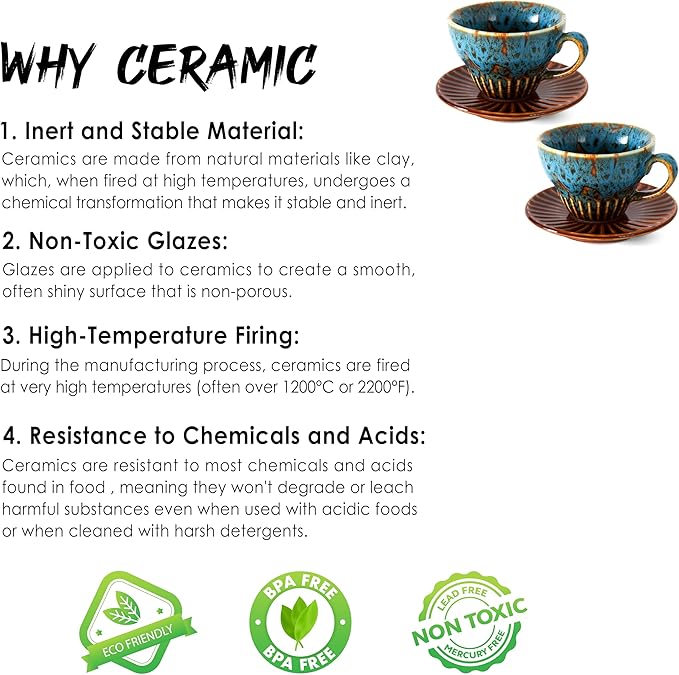 4 oz Espresso Cups Set of 2, Ceramic Cappuccino Cups with Saucers, Durable Porcelain Tea Set & Modern Coffee Cup Collection, Coffee Lover Gifts, Glazed Blue