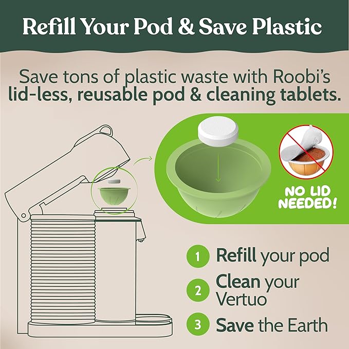 Roobi Cleaning Kit Compatible with Nespresso Vertuoline. Includes 1 Reusable Pod & 12 Cleaning Tablets. Carbon Neutral Vertuoline Cleaner Kit. 1 Year Supply.