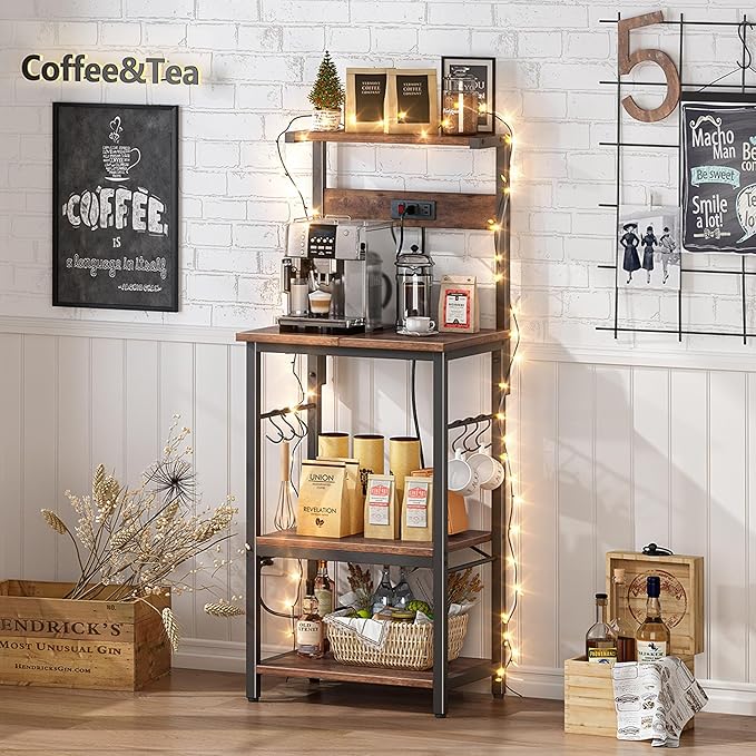 SUPERJARE 4 Tier Bakers Rack with Power Outlets, Microwave Stand with Adjustable Shelf, Kitchen Shelf Organizer for Small Space, Coffee Bar with 6 S Hooks, Kitchen Storage Rack, Rustic Brown