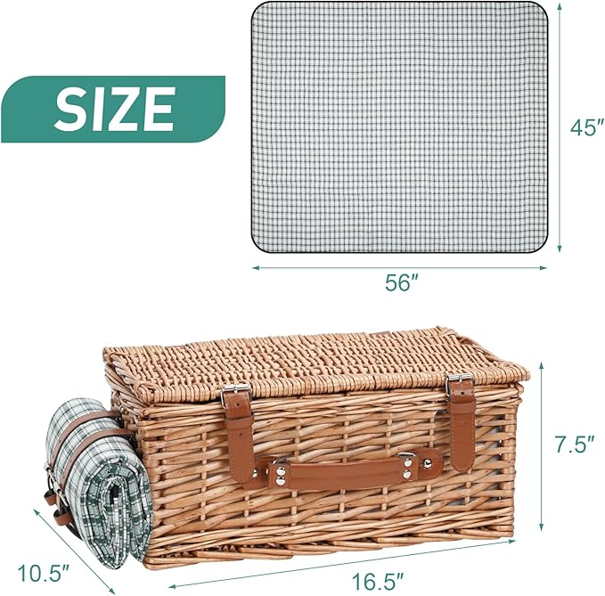 Wicker Picnic Basket Set for 2 Persons with Waterproof Picnic Blanket and Large Insulated Cooler Compartment, Willow Picnic Hamper Basket with Cutlery Service Kits for Camping, Wedding (Red)