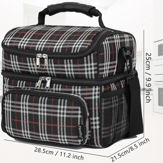 FlowFly Double Layer Cooler Insulated Lunch Bag Adult Lunch Box Large Tote Bag for Men, Women, With Adjustable Strap,Front Pocket and Dual Large Mesh Side Pockets
