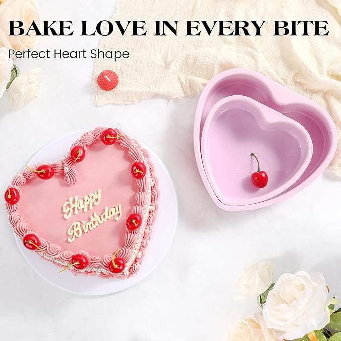 6 Inch Heart Shaped Cake Pans Set 2 Pack Nonstick Cake Pan for Baking Stainless Steel Small Heart Molds (Pink)
