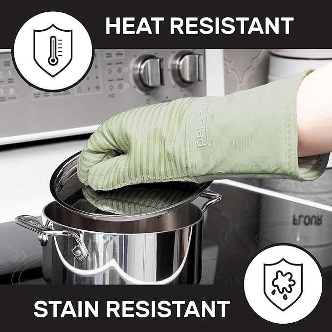 All-Clad Silicone Oven Mitts: Heat Resistant up to 500 Degrees - 100% Cotton & Silicone, 14"x7" Oven Mitt for Kitchen and Barbeque, 2-Pack, Fennel