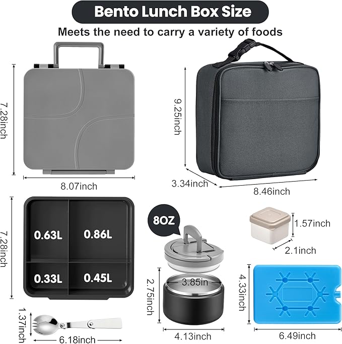 Bento Lunch Box with 8oz Soup Thermo,Kids Leakproof 4 Compartment Lunch Food Containers with Sauce Cup and Ice Pack,Kids Thermo Insulated Hot Food Jar and Lunch Bag for School,Trvael-Black
