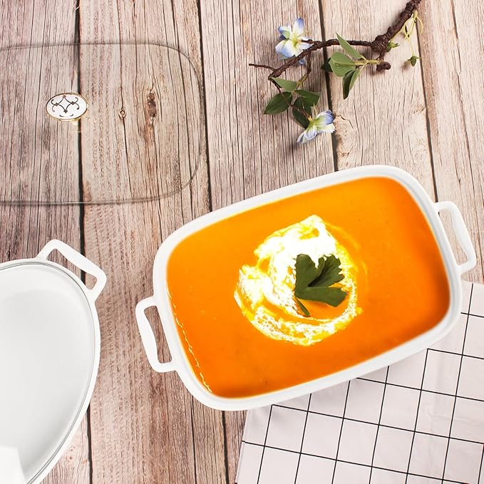 10" x 7" Ceramic Casserole Dish with Glass Lid, 1.3 QT Serving Soup Tureen,Chafing Dish for Buffet, Family Food preserve Tray, Catering Casserole for Party Style