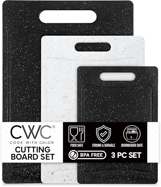 COOK WITH COLOR Non-Slip Cutting Board Set – Kitchen Essentials with Easy Grip Handle for Meat, Veggies, and Fruits, 3 Cutting Boards, Black/White