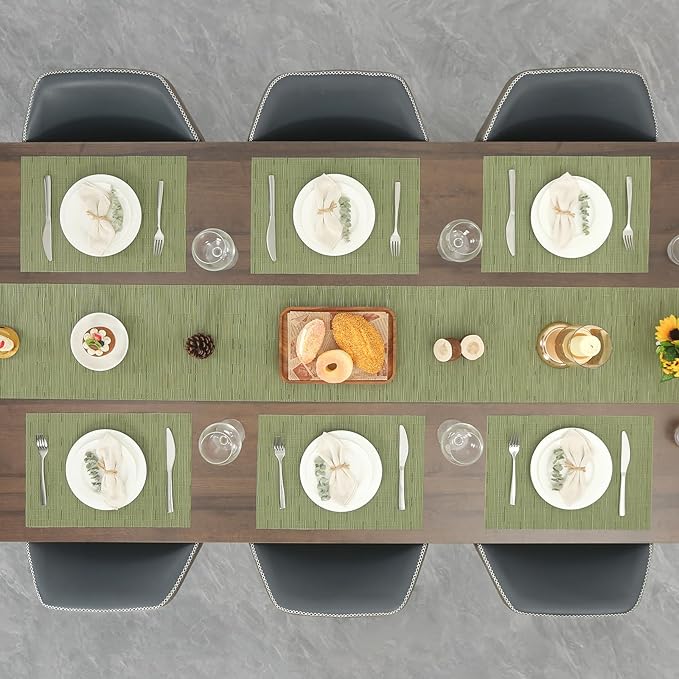 Myir JUN Placemats Set of 6, Vinyl Woven Placemats Place Mats Indoor Washable Table Mats Non-Slip Place mats for Dining Table (Green, Set of 6)
