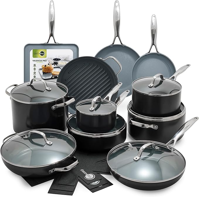 GreenPan 22 Piece Valencia Pro Ceramic Nonstick Cookware Set, PFAS-Free, Induction Ready, Hard Anodized Pots & Pans with Lids, Compatible on All Cooktops, Dishwasher & Oven Safe, Gray