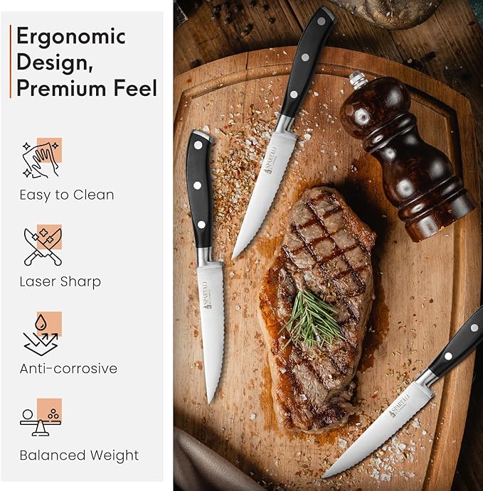 Spartali & Company Premium 4.5-Inch Steak Knife Set of 4 – Serrated Stainless Steel Blades with Ergonomic Handles – Razor-Sharp Cutlery for Effortless Meat Slicing – Dishwasher Safe, Rust-Resistant.