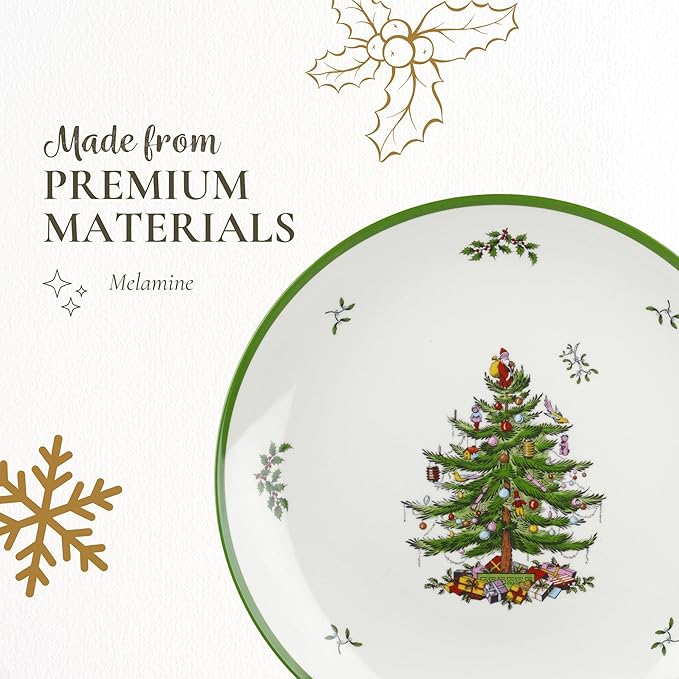 Spode Christmas Tree Melamine Round Platter - 14 Inch Shatterproof Serving Plate for Holiday Meals, Holiday Party - Festive Tableware for Indoor & Outdoor Use, Dishwasher Safe Christmas Dinnerware