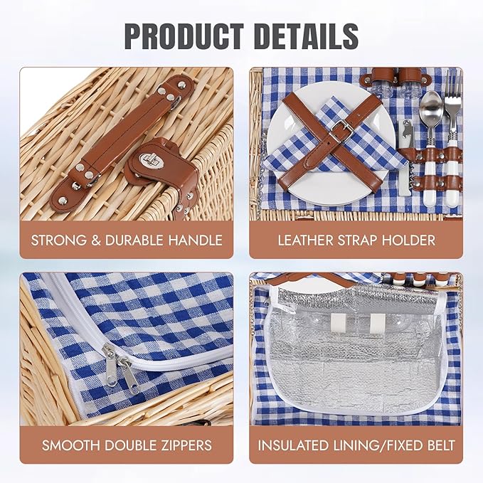 HappyPicnic Picnic Basket Set for 2 - Wicker Picnic Basket with Waterproof Blanket & Insulated Liner, Large Handmade Willow Hamper with Cutlery Kit for Outdoor, Picnic, Camping, Party, Holidays (Blue)