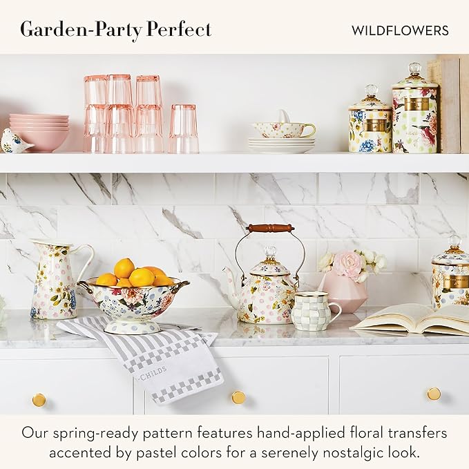 MACKENZIE-CHILDS Enamel Tea Kettle, Cute Kitchen Kettle for Stovetop, 2-Quart Capacity, Pink Wildflowers