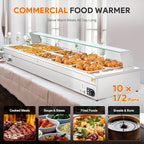 WILPREP 10-Pan Commercial Food Warmer with Sneeze Guard, Ten 1/2 Pans, 1500W Countertop Electric Warmer, 86-185°F Adjustable Temp Control, Stainless Steel Buffet Bain Marie