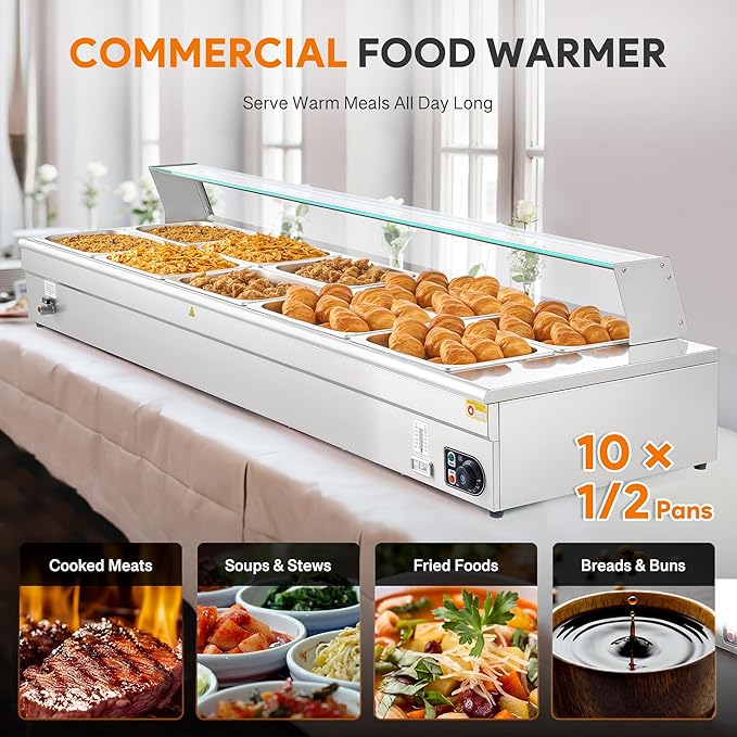 WILPREP 10-Pan Commercial Food Warmer with Sneeze Guard, Ten 1/2 Pans, 1500W Countertop Electric Warmer, 86-185°F Adjustable Temp Control, Stainless Steel Buffet Bain Marie