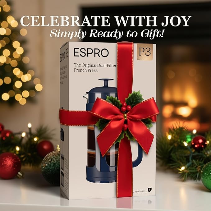 ESPRO P3 French Press Coffee Maker – Patented Double Micro-Filter for Grit-Free Brew, Heat Resistant thicker Borosilicate Glass Coffee press – Blue (32 oz)