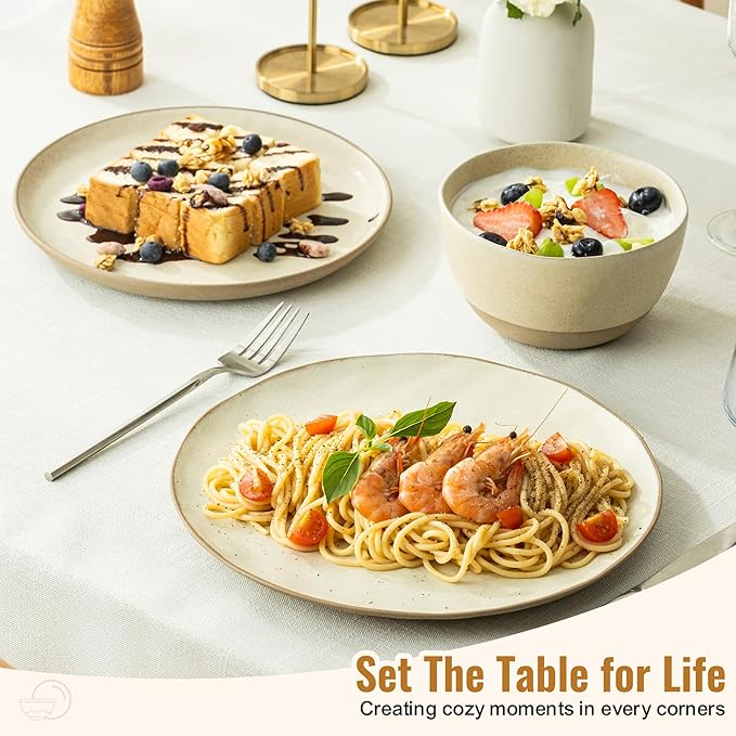 12 Pieces Dinnerware Sets,Plates and Bowls Sets, Handmade Reactive Glaze Dishes Set for 4 with at Least 10% Recycled Ceramic (Beige)