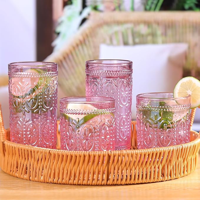 6 Pack Pink Vintage Glassware Set, 10oz Romantic Drinking Glasses, Colored Water Glasses, Pink Embossed Glass Cups for Juice, Cocktails, Beer, Iced Tea, Soda