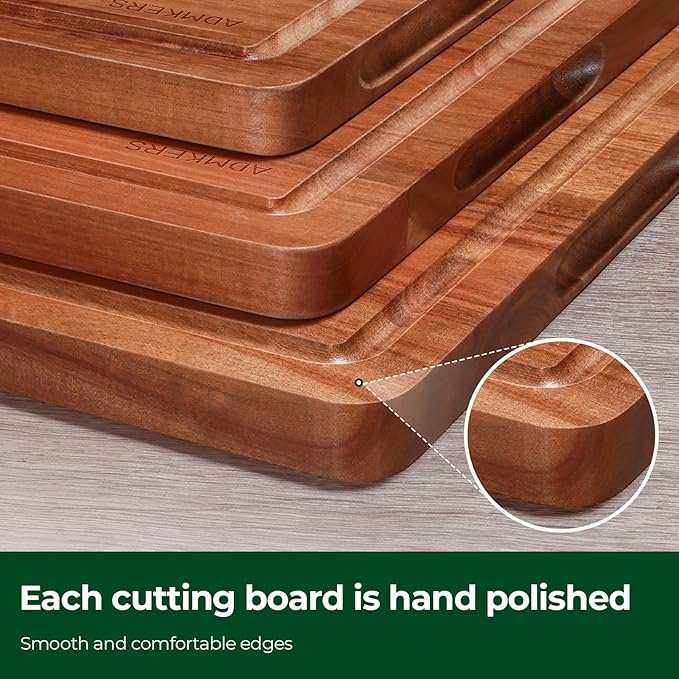 Wood Cutting Board, Acacia Cutting Boards for Kitchen, Set of 3, Solid Charcuterie Board with Juice Groove, Large Wooden Chopping Board for Meat, Cheese, Fruit, Vegetables (17x12, 12x10, 12x7 inch)