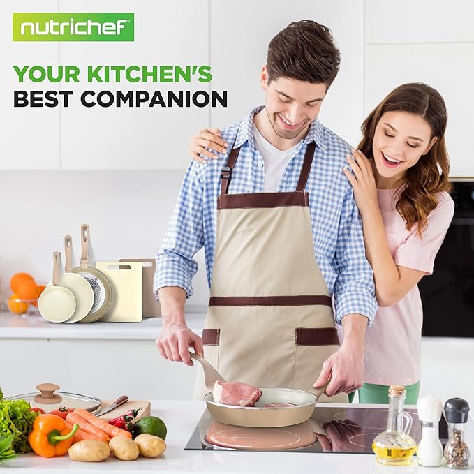 NutriChef 75-Piece Non-Stick Pots and Pans Set, Complete Ceramic Cookware Set with Bakeware, Utensils, Knife Set, & Accessories, Stain-Resistant, Food-Grade Safe, Cream/Brown