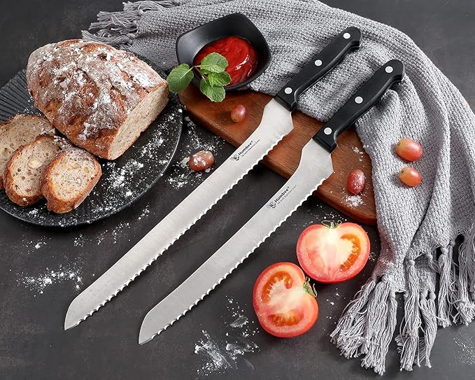 10 Inch Serrated Offset Bread Knife, Premium Stainless Steel Blade with Wave Edge, Full Tang Handle, Razor Sharp for Bread, Durable Professional Kitchen Knife, Black
