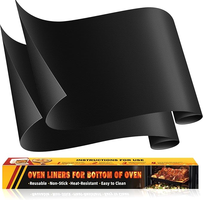 2 Pack Oven Liners for Bottom of Oven, 17"x25" Heavy Duty Non-Stick Oven Liner Mat, Reusable Heat Resistant Grill & Baking Mat, BPA/PFOA Free Roaster Liners, Fits Electric, Gas, Toaster Ovens (Black)