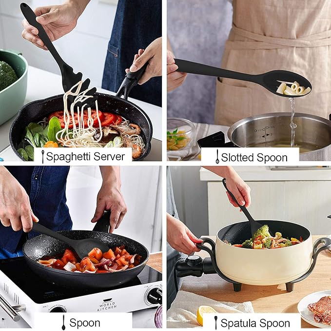 LIANYU 12-Piece Black Silicone Kitchen Cooking Utensils Set with Holder, Kitchen Tools Include Slotted Spatula Spoon Turner Ladle Tong Whisk, Dishwasher Safe