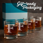 On The Rox Drinks 4 Piece Glass Set Engraved with F Monogram, 11 Ounce