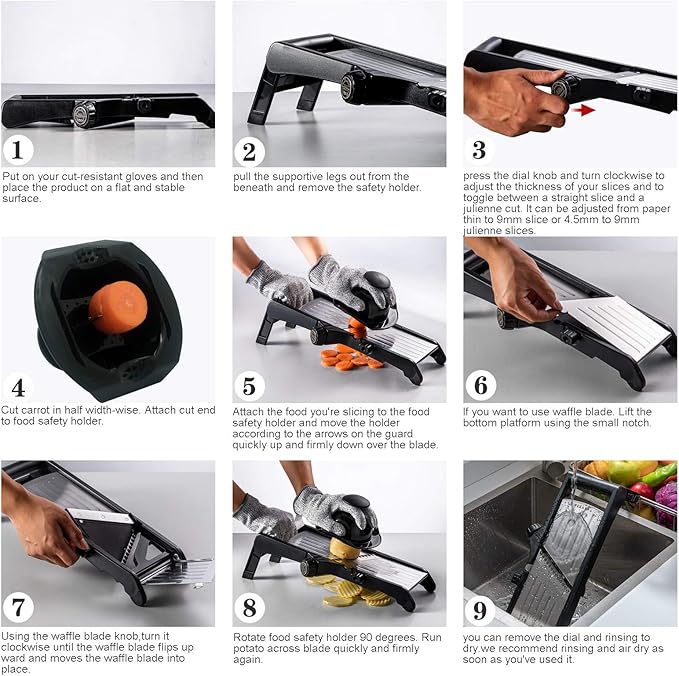 VEKAYA Mandoline Slicer for Kitchen, Stainless Steel Professional Vegetable Slicer with Adjustable Thickness, Ultra Sharp Blades, Safety Gloves & Food Holder, Ideal for Potatoes, Onions, Cucumbers