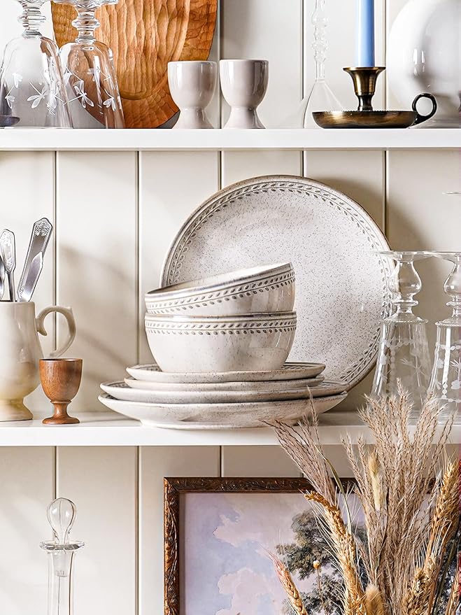 Dinnerware Sets for 4, 12 Piece Ceramic Dish Set with Plates and Bowls | Oven/Dishwasher/Microwave Safe | Ideal for Housewarming | Reactive Beige (10" Plate+8" Dish+27oz Bowl)