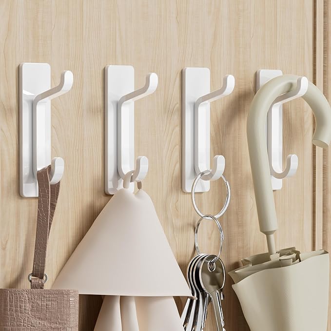 Self Adhesive Wall Hooks for Hanging: Extra Strong 13 LB, Hook for Coat, Towel in Bathrooms, Shower, Kitchen, Wall, Door Hook, White 6 Pack