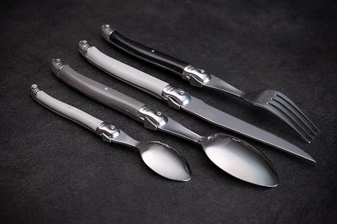 Laguiole Heritage Dinnerware Set; Luxury French Flatware in Premium Stainless Steel with Ergonomic ABS Handles; Features 6 Steak Knives, Forks, Tea/Coffee & Dessert Spoons, Iris, 24-Piece
