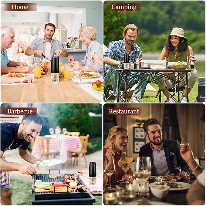 Gravity Electric Salt and Pepper Grinder, Automatic Pepper Mill, USB Rechargeable, Adjustable Coarseness, One-handed Operation, Ceramic Burr, Refillable, Auto Grinders with LED Light