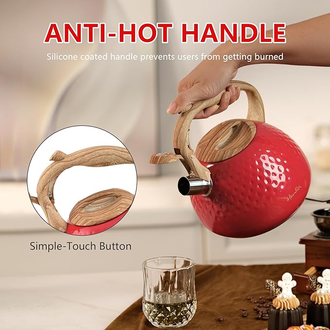 harriet Tea Kettle, Tea Pot for Stovetop, 2.5QT Whistling Kettle with 5-Layers bottom, Food Grade Stainless Steel Kettles with Hot-Resistant Handle Gas Electric Applicable, Red