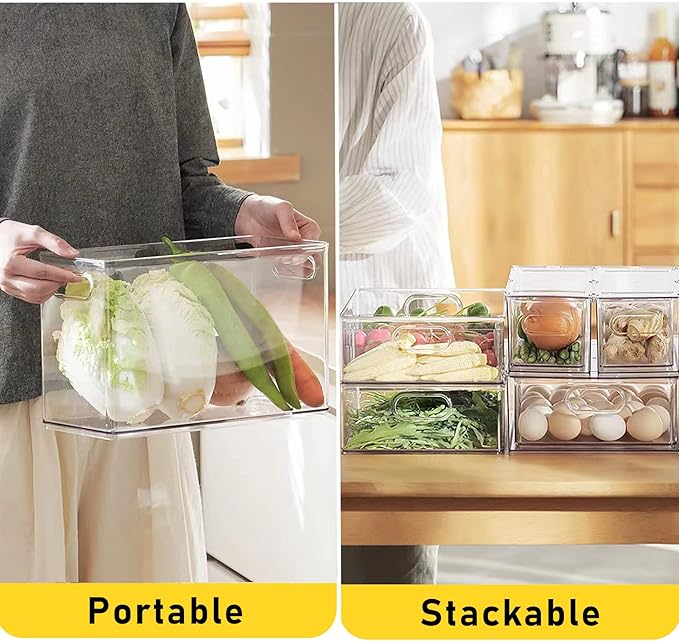 2 Pack Refrigerator Organizer Bins Stackable Fridge Organizer Set with Pull-out Drawer Clear Vegetable Fruit Storage Containers for Kitchen Pantry Organization