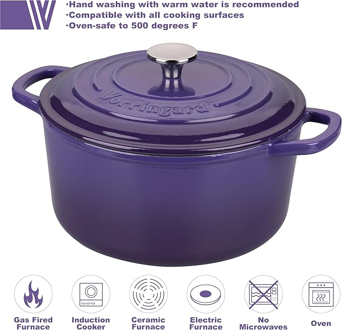 Enameled Cast Iron Dutch Oven Pot with Lid, for Sourdough Bread Baking, Round Dutch Ovens, 6 Quart, Purple