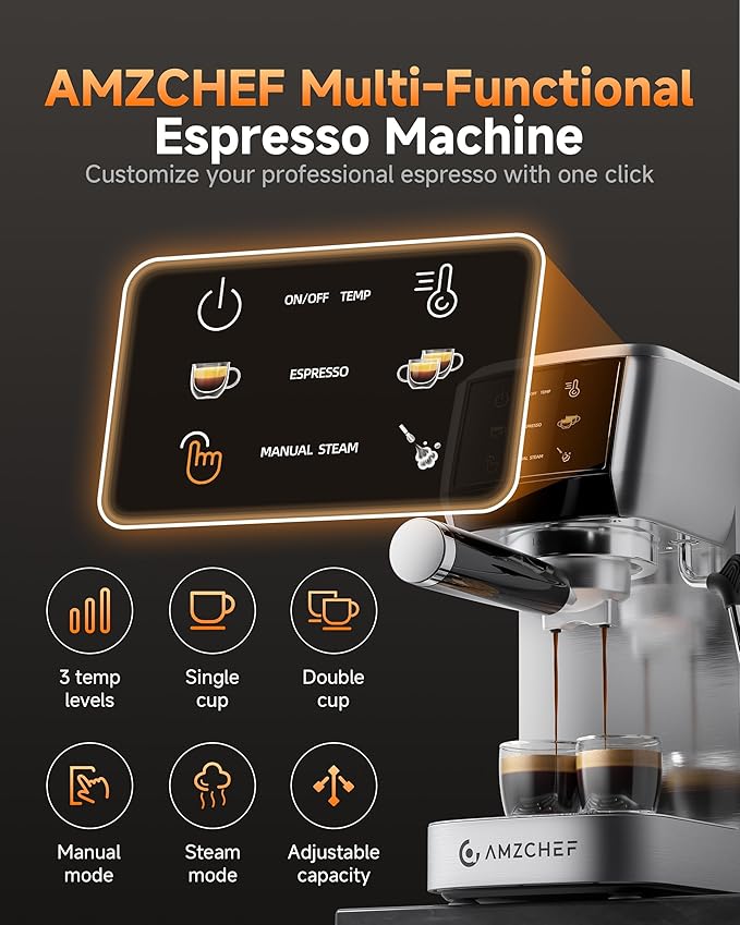 AMZCHEF Espresso Machine 20 Bar Professional Coffee Maker with Milk Frother, Adjustable Temperature & Pressure, Stainless Steel Espresso Maker for Cappuccino, Latte, Mocha, 44oz Removable Water Tank