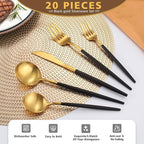 Matte Black Gold Silverware Set, Oliviola 20-Piece Stainless Steel Flatware Cutlery Set Service for 4, Satin Finish Kitchen Utensil Set, Dishwasher Safe