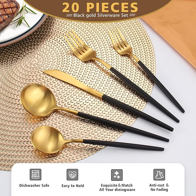 Matte Black Gold Silverware Set, Oliviola 20-Piece Stainless Steel Flatware Cutlery Set Service for 4, Satin Finish Kitchen Utensil Set, Dishwasher Safe