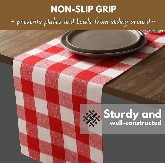 Native Fab Table Runner Buffalo Check Plaid 100% Cotton - 13x102 Inches Kitchen Dining Table Decoration for Indoor Outdoor Farmhouse Home Party Decor - Red and White