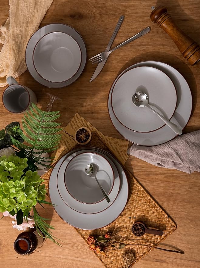 Famiware Venus Plates and Bowls Sets, 12 Pieces Stoneware Speckled Dinnerware Sets, Dishes Set for 4, Microwave and Dishwasher Safe, Matte Light Grey