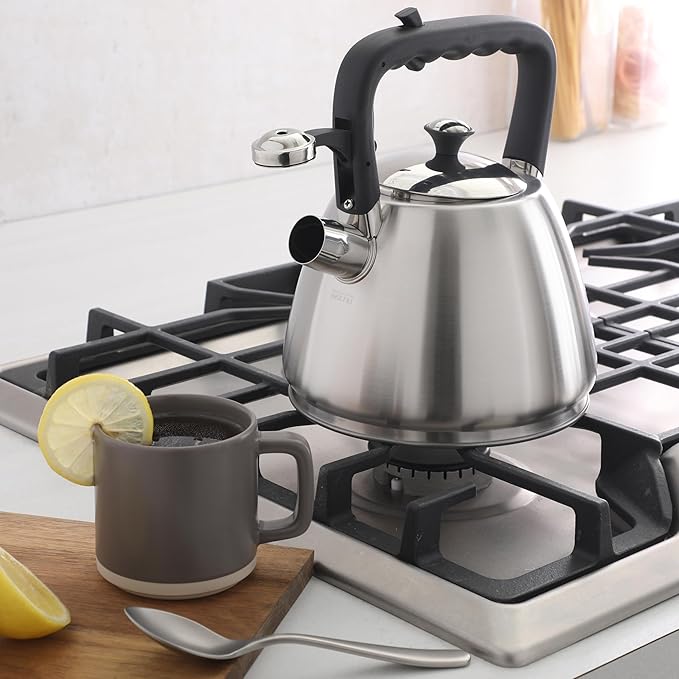 Mr. Coffee Armidale 2.5QT Whistling Tea Kettle, Large Brushed Stainless Steel Kettle for Stovetop, Durable Fast-Boil Tea Pot