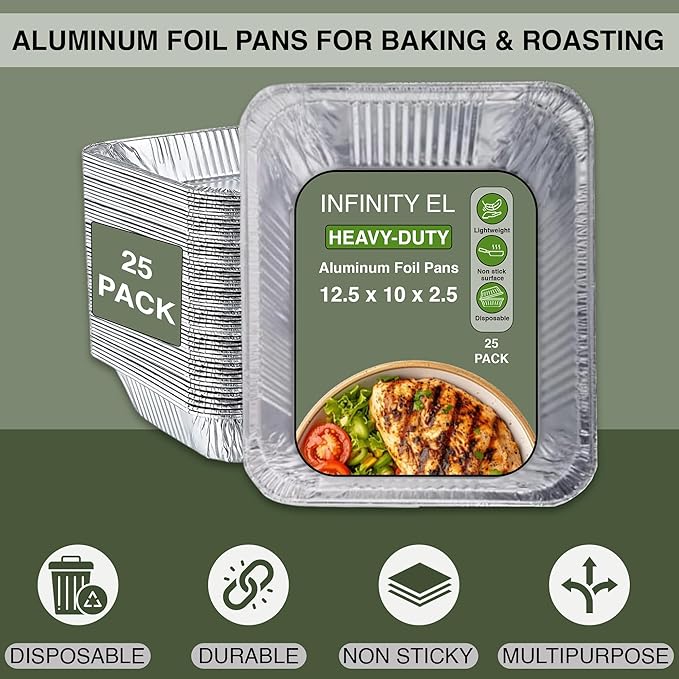 INFINITY EL Disposable Aluminum Foil Pans 25 Pack | Half Size 12.5" x 10" x 2.5" Deep Disposable Baking Pan | Heavy Duty Aluminum Foil Pan for Roasting Turkey, Lasagna, Thanksgiving, Christmas, Party