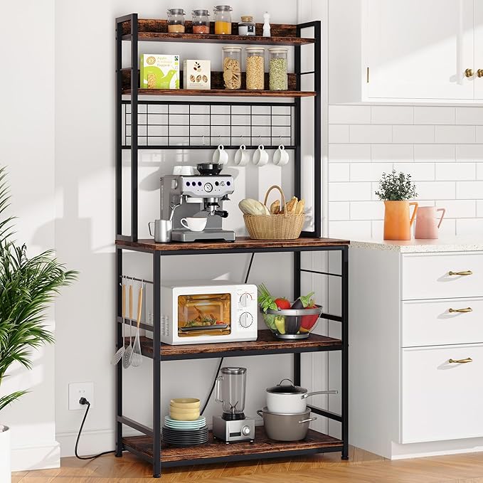 Shintenchi Bakers Rack with Power Outlet, Large Storage Space, 10 Hooks Coffee Bar with Metal Wire Panel, High Microwave Stand, Classic Kitchen Storage Shelf Design, Vintage Brown