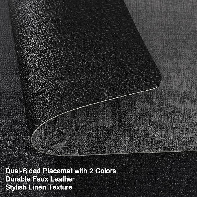 Myir JUN Dual Sided Placemats, Faux Leather Set of 8 for Dining Table, Non-Slip Washable Heat Resistant Indoor Outdoor Table Mats (Gray Black)