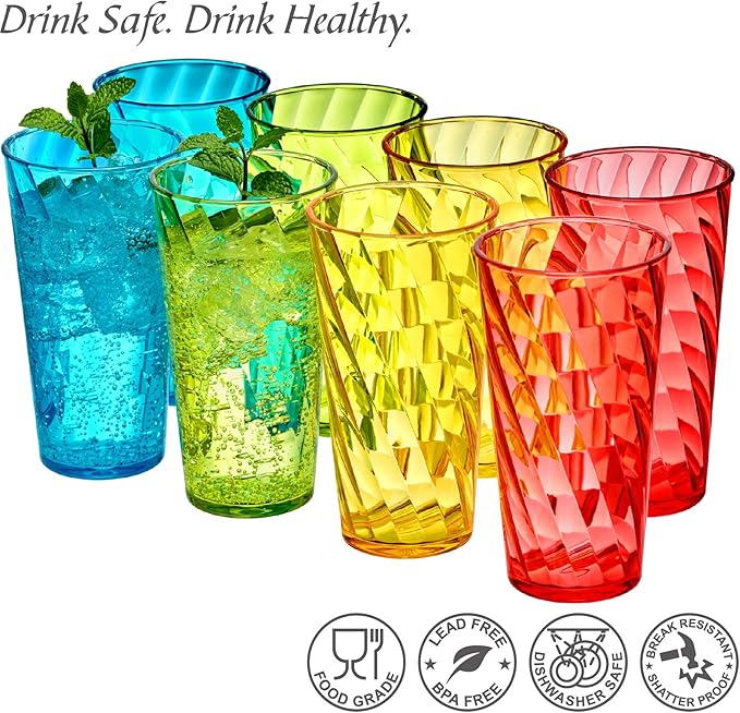 Amazing Abby - Glacier - 18-Ounce Plastic Tumblers (Set of 8), Mixed-Color Reusable Plastic Cups, Stackable, BPA-Free, Shatter-Proof, Dishwasher-Safe