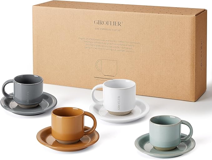 Oak Espresso Cups Set of 4, 3 oz Demitasse Cups, Modern Style, Multi Colors, Microwave & Dishwasher Safe