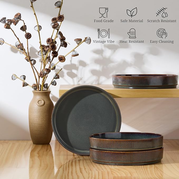 E-far Pasta Bowls Set of 4, 35oz Large Salad Bowl Plate for Dinner Serving, Wide & Shallow Ceramic Stoneware Pasta Plates, Microwave & Dishwasher Safe, Reactive Glaze Textured Stripes, Blackish Green